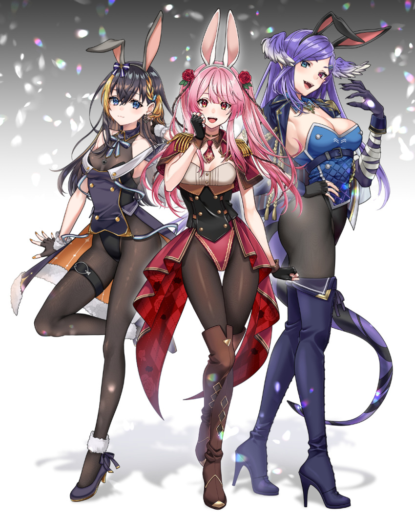 3girls aburi_rare adapted_costume bare_shoulders black_leggings boots breasts dragon_tail fingerless_gloves flower gloves hair_flower hair_ornament hair_ribbon hand_on_own_hip hand_up head_wings highres knee_boots large_breasts leggings long_hair medium_breasts multiple_girls nijisanji nijisanji_en obsydia_(nijisanji) petra_gurin petra_gurin_(2nd_costume) pink_hair playboy_bunny purple_hair ribbon rosemi_lovelock rosemi_lovelock_(2nd_costume) selen_tatsuki selen_tatsuki_(2nd_costume) small_breasts standing standing_on_one_leg tail thigh_boots thigh_strap twintails virtual_youtuber wings