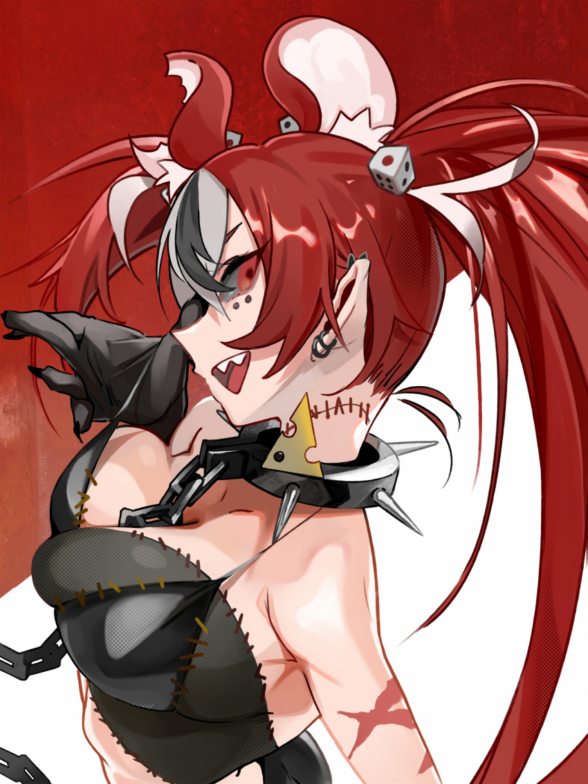 1girl animal_ear_fluff animal_ears armpit_crease black_gloves black_hair bra bra_lift breasts chain chain_leash cheese collar collarbone dice_hair_ornament ear_piercing extra_ears food gloves hair_ornament hakos_baelz highres hololive hololive_english large_breasts leash looking_at_viewer mouse_ears mouse_girl multicolored_hair multiple_piercings multiple_scars notched_ear open_mouth piercing red_eyes red_hair scar sharp_teeth sideboob sleeveless spiked_collar spikes stitched_torso stitches swiss_cheese teeth toro3 twintails undersized_breast_cup underwear virtual_youtuber white_hair