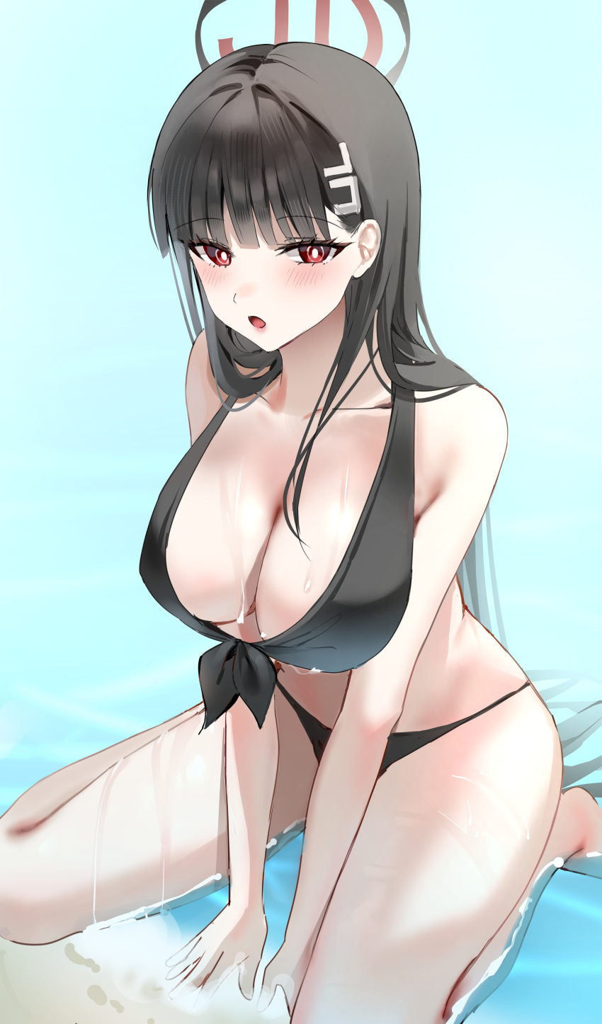 1girl absurdres bikini black_bikini black_hair blue_archive breasts bright_pupils educk hair_ornament hairclip halo highres kneeling large_breasts long_hair partially_submerged red_eyes rio_(blue_archive) solo swimsuit very_long_hair water white_pupils