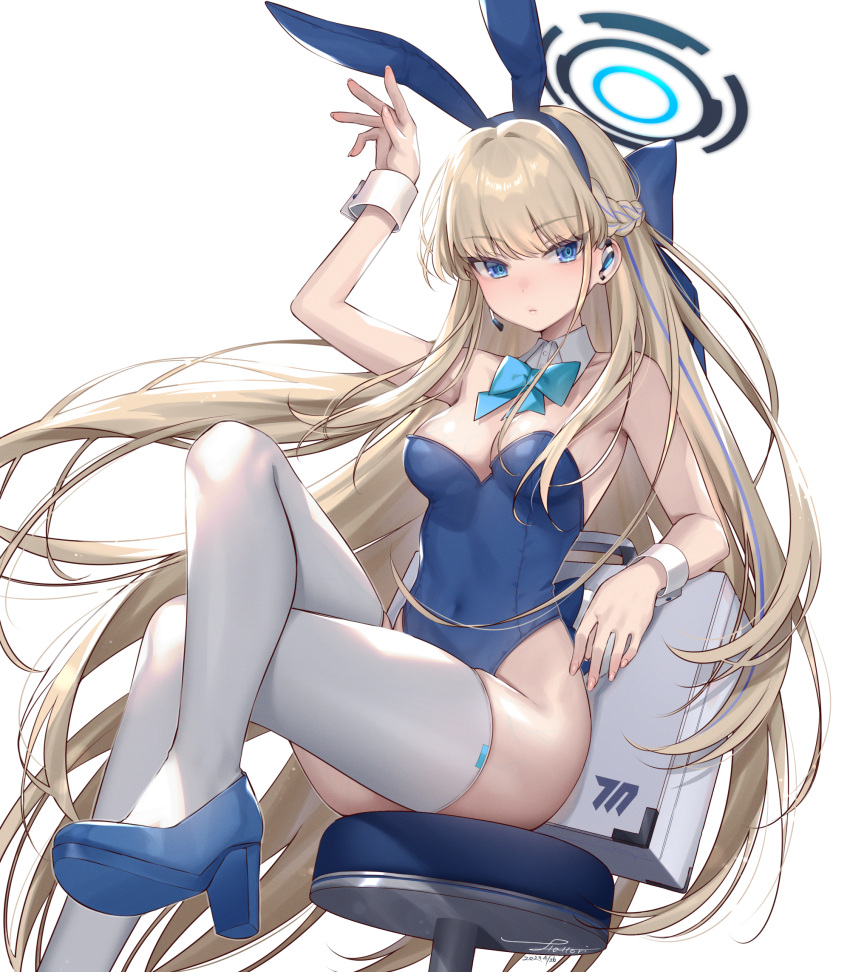 1girl animal_ears arm_up bare_shoulders blonde_hair blue_archive blue_eyes blue_footwear blue_hairband blue_leotard bow bowtie braid breasts closed_mouth covered_navel crossed_legs detached_collar earpiece expressionless fake_animal_ears hairband halo hattori_masaki high_heels highleg highleg_leotard highres leotard long_hair looking_at_viewer medium_breasts multicolored_hair official_alternate_costume playboy_bunny rabbit_ears sitting skindentation solo stool strapless strapless_leotard streaked_hair thighhighs thighs toki_(blue_archive) toki_(bunny)_(blue_archive) very_long_hair white_thighhighs wrist_cuffs