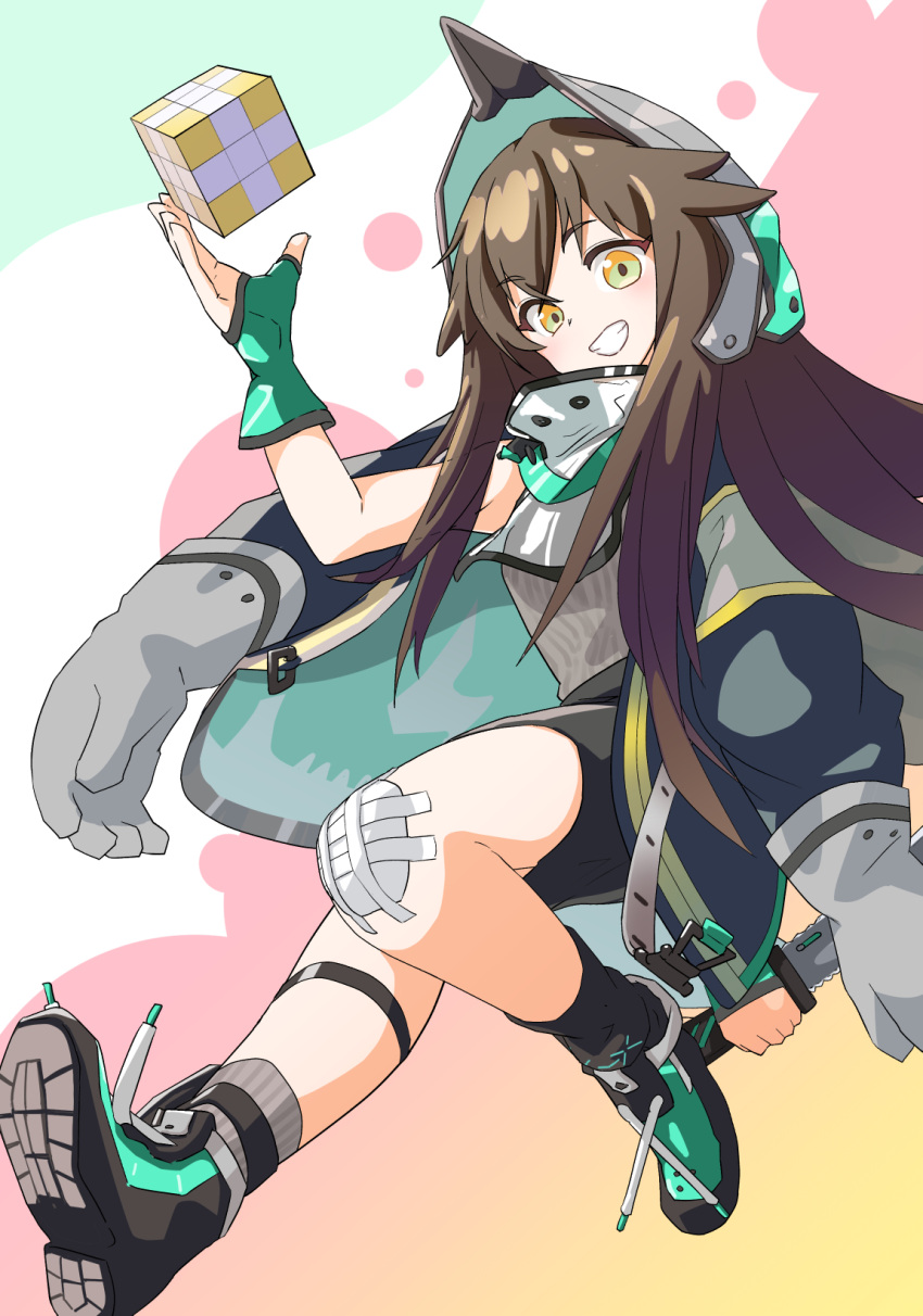 1girl arknights asymmetrical_legwear bandage_on_knee bangs brown_hair commentary_request fingerless_gloves gloves green_gloves hair_between_eyes highres holding holding_knife hood hood_up jacket kafka_(arknights) knife long_hair looking_at_viewer mismatched_legwear rubik's_cube smile solo tsurubee1 untied_footwear very_long_hair yellow_eyes