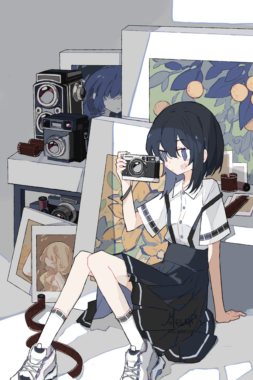 1girl arm_rest arm_support artist_name black_hair black_skirt blush buttons camera closed_mouth collared_shirt commentary dress_shirt english_commentary feet_out_of_frame film_strip hair_between_eyes hand_on_ground highres holding holding_camera knees_up looking_to_the_side medium_skirt melanbread off_shoulder on_ground original painting_(object) pleated_skirt portrait_(object) purple_eyes shirt shoes short_hair short_sleeves sidelocks sitting skirt sneakers socks solo suspender_skirt suspenders watermark white_footwear white_shirt white_socks