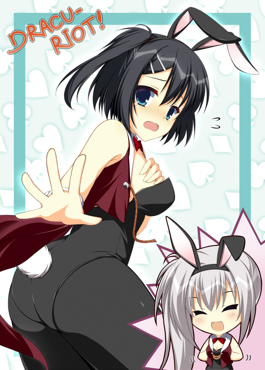 2girls :d absurdres alternate_costume animal_ears asagi_nanami ass black_hair black_leotard black_pantyhose blue_border blue_eyes blush border bow bowtie breast_hold breasts chibi chibi_inset cleavage closed_eyes collar commentary_request copyright_name cowboy_shot detached_collar dracu-riot! elena_olegovna_owen fake_animal_ears fake_tail flying_sweatdrops foreshortening from_behind furrowed_brow grey_hair hair_between_eyes hair_ornament hairclip highres leotard light_blue_background long_hair looking_at_viewer looking_back medium_hair mera_azusa motion_lines multiple_girls nose_blush official_alternate_costume one_side_up open_mouth pantyhose playboy_bunny rabbit_ears rabbit_tail red_bow red_bowtie side_ponytail small_breasts smile solo_focus standing strapless strapless_leotard tail tears thighs wavy_mouth white_collar white_wrist_cuffs