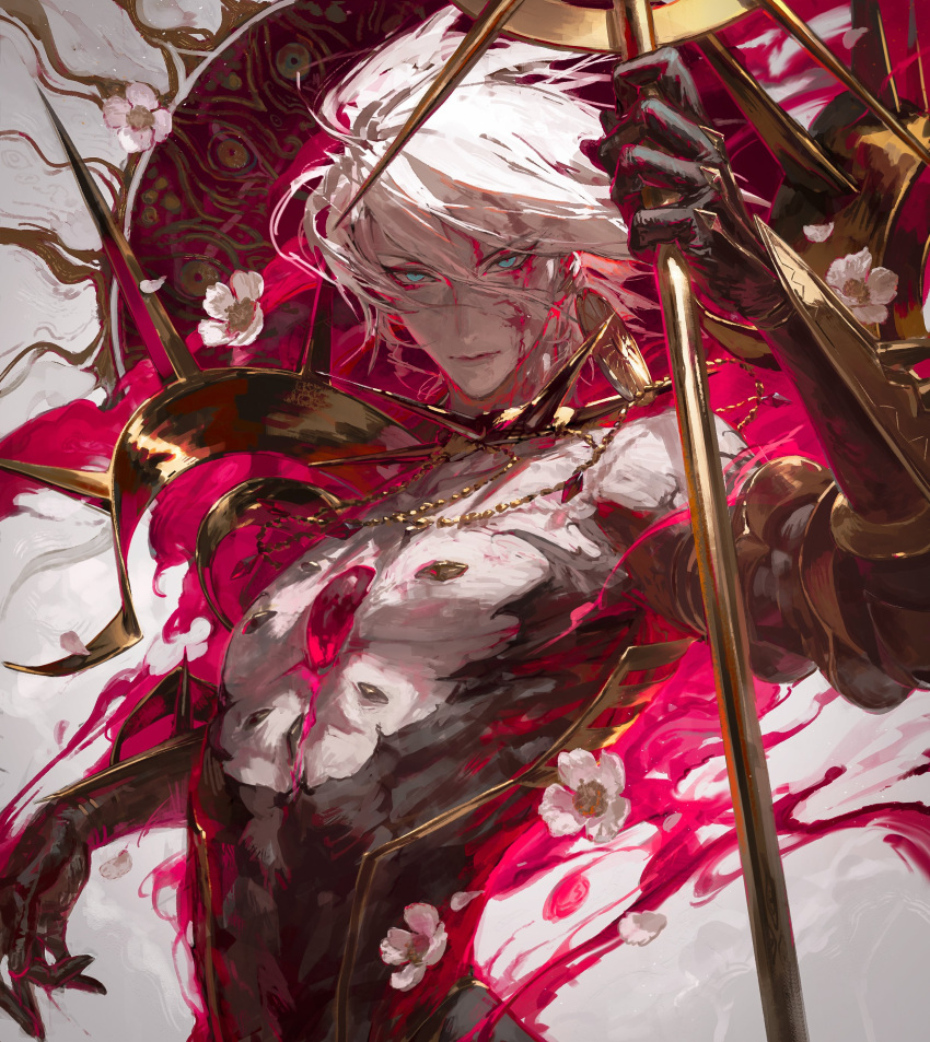 1boy absurdres black_gloves blood blood_on_face closed_mouth earrings egawa_akira english_commentary falling_petals fate/grand_order fate_(series) flower gloves green_eyes hair_between_eyes highres holding holding_weapon jewelry karna_(fate) looking_at_viewer male_focus muscular muscular_male necklace petals short_hair smile solo upper_body weapon white_flower white_hair