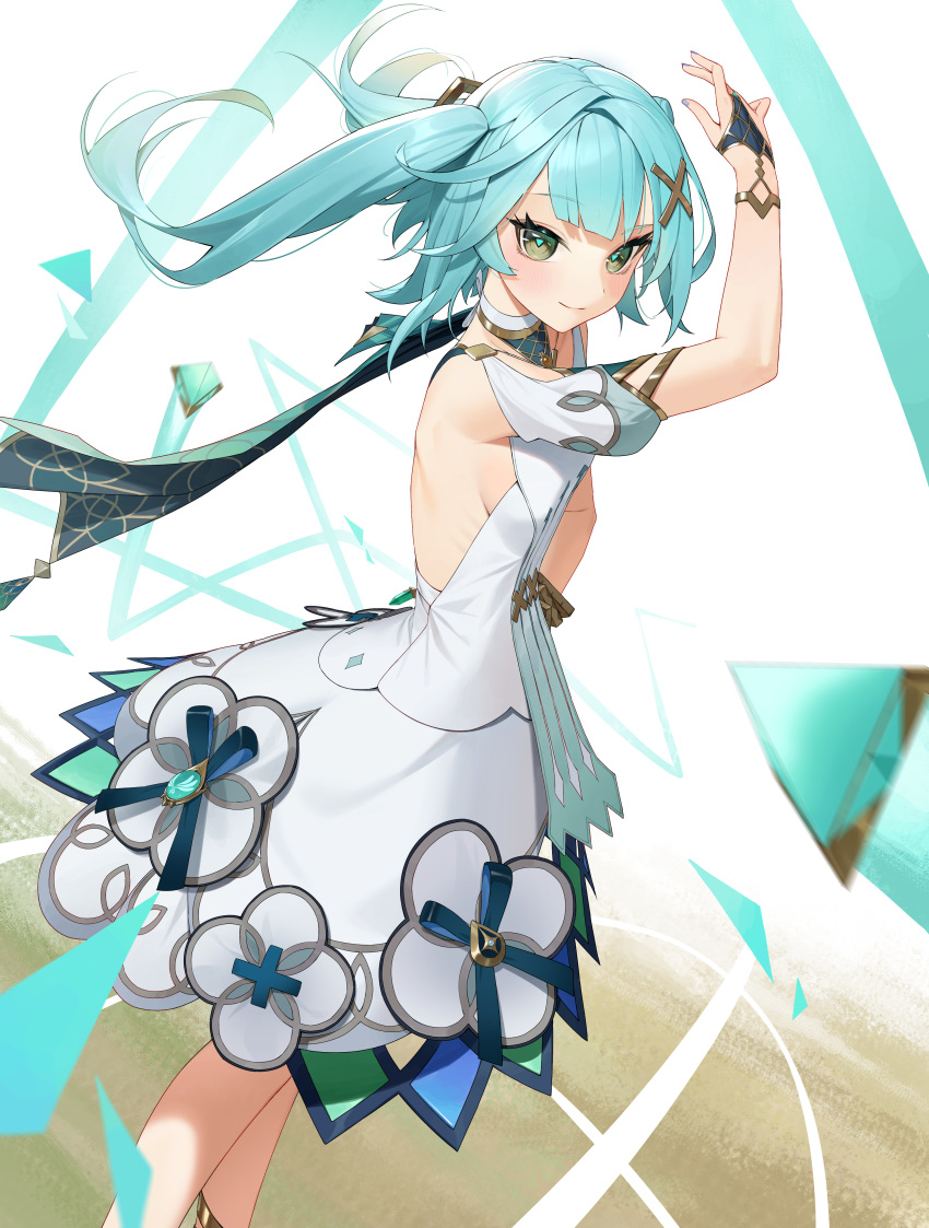 1girl absurdres aqua_hair arm_up breasts closed_mouth clothing_cutout commentary_request cowboy_shot dress faruzan_(genshin_impact) genshin_impact glow_(user_hnpv7785) green_eyes hair_ornament highres korean_commentary long_hair looking_ahead shoulder_cutout skirt_cutout sleeveless sleeveless_dress small_breasts smile solo standing symbol-shaped_pupils triangle-shaped_pupils twintails white_dress wristlet x_hair_ornament