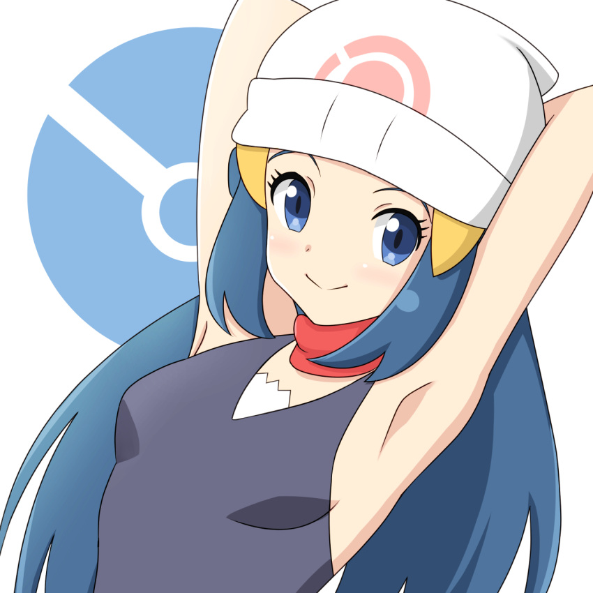 1girl armpits arms_behind_head beanie black_hair blue_eyes breasts closed_mouth commentary_request dawn_(pokemon) eyelashes hair_ornament hairclip hat highres long_hair poke_ball_symbol pokemon pokemon_(game) pokemon_dppt scarf shirt sidelocks sleeveless sleeveless_shirt smile solo try200277 upper_body white_background white_headwear