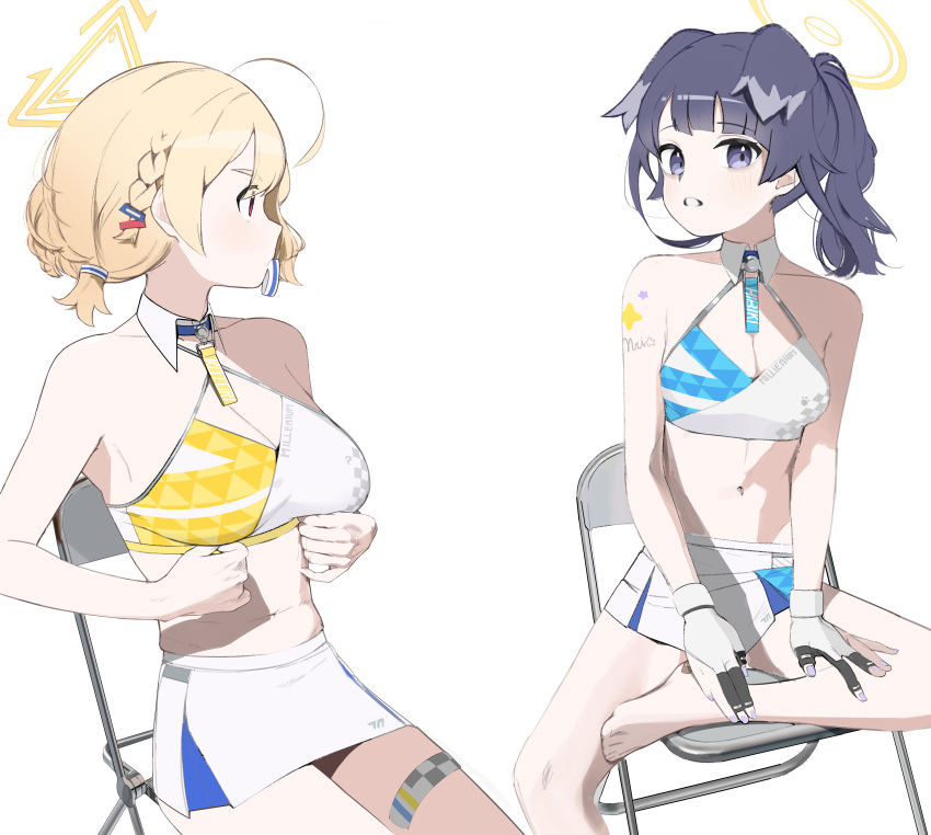 2girls absurdres ahoge animal_ears bare_shoulders barefoot black_hair blonde_hair blue_archive blunt_bangs blush braid breasts cheerleader cleavage closed_mouth cok_ia crop_top dog_ears dog_girl gloves hair_ornament halo hibiki_(blue_archive) hibiki_(cheer_squad)_(blue_archive) highres kotori_(blue_archive) kotori_(cheer_squad)_(blue_archive) looking_at_viewer midriff millennium_cheerleader_outfit_(blue_archive) mouth_hold muffin_top multiple_girls navel official_alternate_costume parted_lips purple_eyes short_hair simple_background sitting skirt sticker_on_arm text_print thighs white_background white_skirt yellow_halo