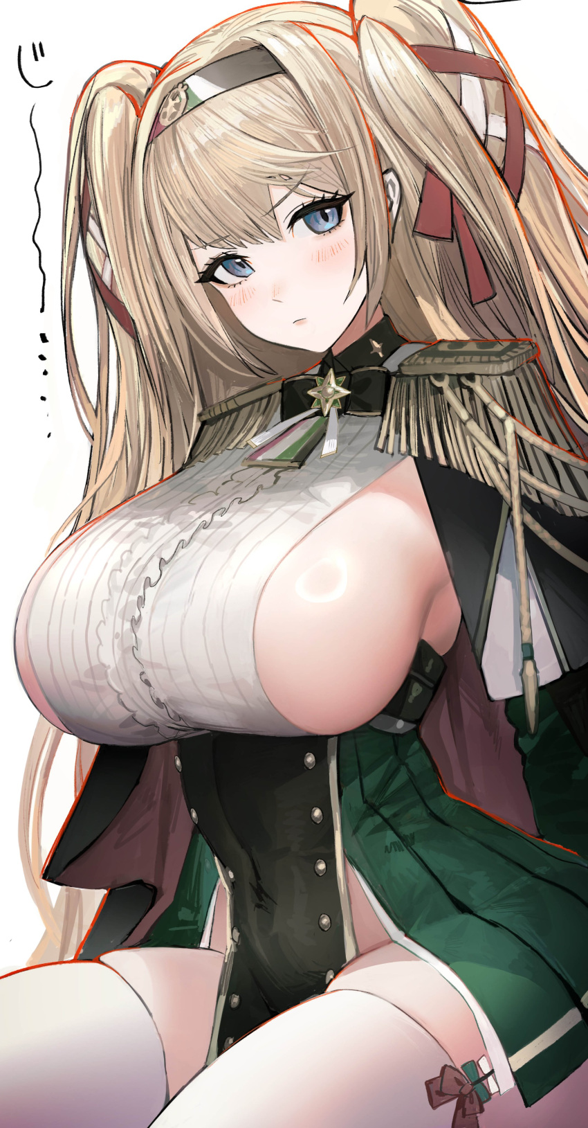 1girl absurdres aiguillette azur_lane blonde_hair blue_eyes blush breasts buttons closed_mouth commentary_request covered_navel epaulettes framed_breasts frills gorizia_(azur_lane) hair_ribbon hairband highres kaki_z3 large_breasts long_hair long_sleeves looking_at_viewer medal military_uniform ribbon sideboob simple_background sitting solo staring thighhighs two_side_up uniform white_background white_thighhighs