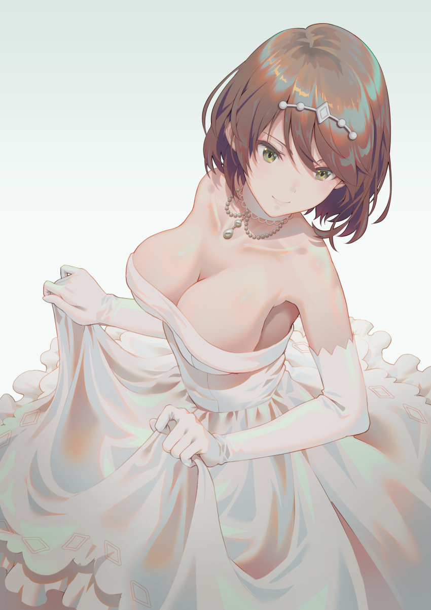 1girl alice_gear_aegis bare_shoulders breasts brown_hair choker cleavage collarbone commentary dress elbow_gloves from_above gloves green_eyes hair_ornament hairclip highres large_breasts layered_dress long_dress medium_hair onaga_akino pinakes simple_background skirt_hold sleeveless sleeveless_dress smile solo standing strapless strapless_dress wedding_dress white_background white_choker white_dress white_gloves