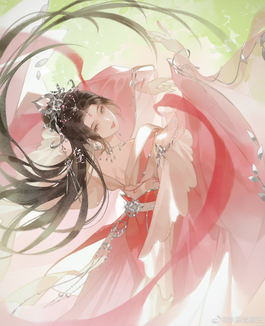 1girl absurdres arms_up artist_request back bracelet brown_hair chi_lian_(qin_shi_ming_yue) dancing dress hair_bun highres jewelry long_hair long_sleeves looking_back necklace off-shoulder_dress off_shoulder parted_lips pink_dress qin_shi_ming_yue sash second-party_source solo teeth tiara