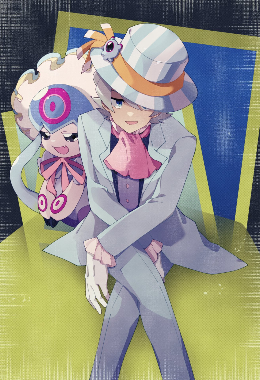 1boy 2others ascot blue_eyes blue_headwear crossed_legs digimon digimon_(creature) gloves grey_hair grey_jacket grey_pants hat hata4455ori higashimitarai_kiyoshirou highres jacket jellyfish jellyfish_girl jellymon looking_at_viewer monster_girl multiple_others open_mouth pants pink_ascot puyomon short_hair sitting striped striped_headwear tentacle_hair tentacles white_gloves white_hair white_headwear