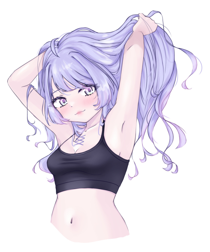 1girl amiya_aranha amiya_aranha_(artist) armpits blush breasts cleavage collarbone english_commentary hand_in_own_hair highres holding_own_hair indie_virtual_youtuber long_hair looking_to_the_side medium_breasts midriff navel purple_eyes purple_hair simple_background smile solo upper_body virtual_youtuber