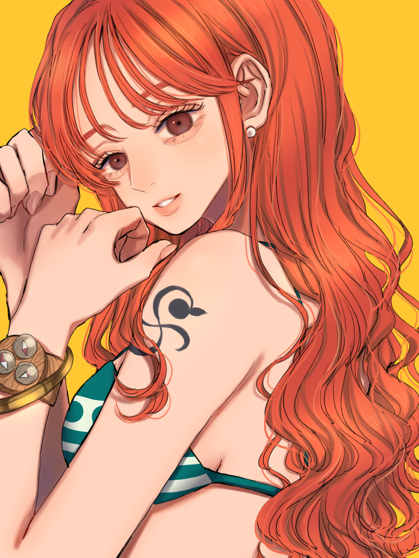 1girl absurdres bags_under_eyes bikini bracelet breasts brown_eyes clima-tact earrings eyelashes highres jewelry nami_(one_piece) norimaki_(seidan0611) one_piece orange_hair parted_lips shoulder_tattoo sideboob simple_background solo swimsuit tattoo upper_body wavy_hair yellow_background