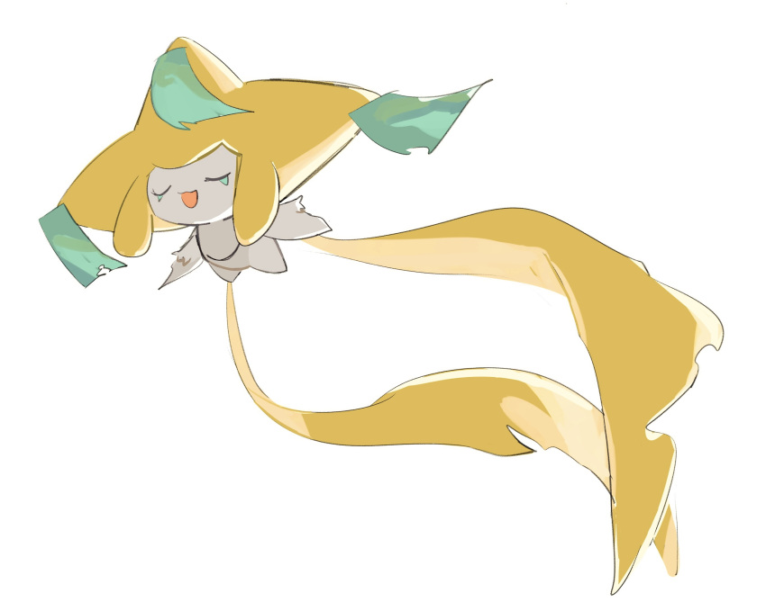 1other :3 backlighting closed_eyes colored_skin commentary floating full_body happy highres jirachi open_mouth other_focus pokemon pokemon_(creature) simple_background sketch smile solo takashi_(pixiv_80298118) u_u white_background white_skin