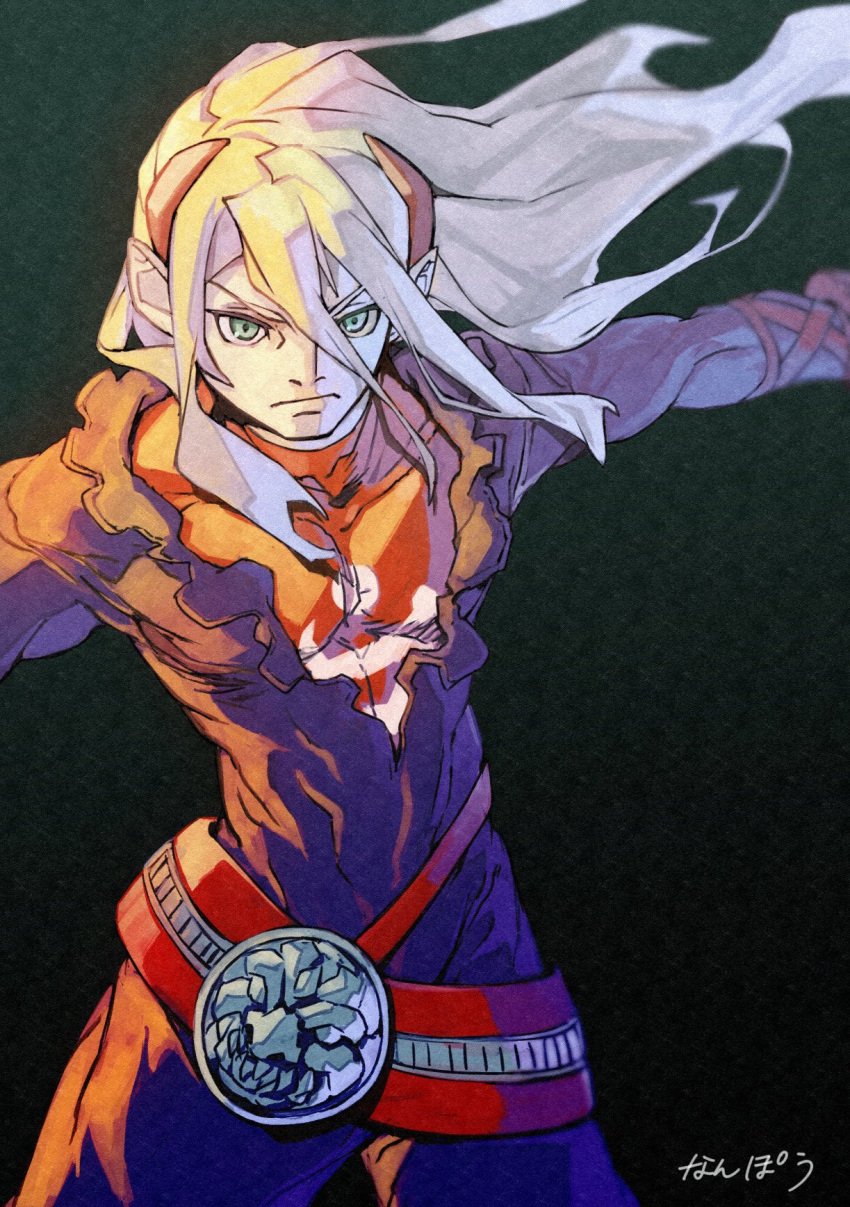 1boy breath_of_fire breath_of_fire_iv closed_mouth collarbone covered_collarbone fou-lu hair_between_eyes highres horns long_hair looking_at_viewer male_focus nanpou_(nanpou0021) pointy_ears red_horns simple_background solo tight_clothes white_hair