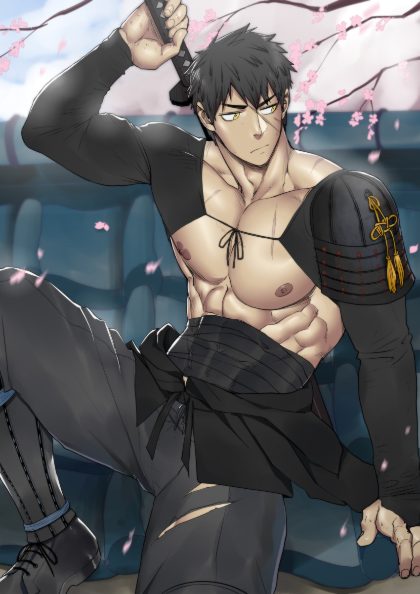 1boy absurdres bara black_footwear black_hair black_pants boots cherry_blossoms doudanuki_masakuni falling_petals foot_out_of_frame forked_eyebrows highres light_frown looking_to_the_side muscular muscular_male nipples pants petals short_hair solo suyohara sword sword_behind_back touken_ranbu weapon yellow_eyes