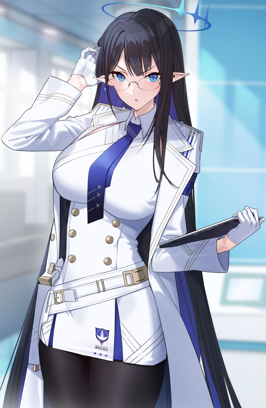 1girl armband belt black_hair blue_archive blue_eyes blue_hair blue_necktie blurry blurry_background breasts clipboard coat collared_dress colored_inner_hair desert_eagle dress glasses gloves gun halo hand_in_own_hair hand_up handgun highres holding holding_clipboard holding_notepad holster indoors jacket large_breasts long_hair looking_at_viewer multicolored_hair necktie notepad pantyhose pointy_ears raitho rin_(blue_archive) solo standing two-tone_hair very_long_hair weapon white_belt white_coat white_dress white_gloves white_jacket white_uniform