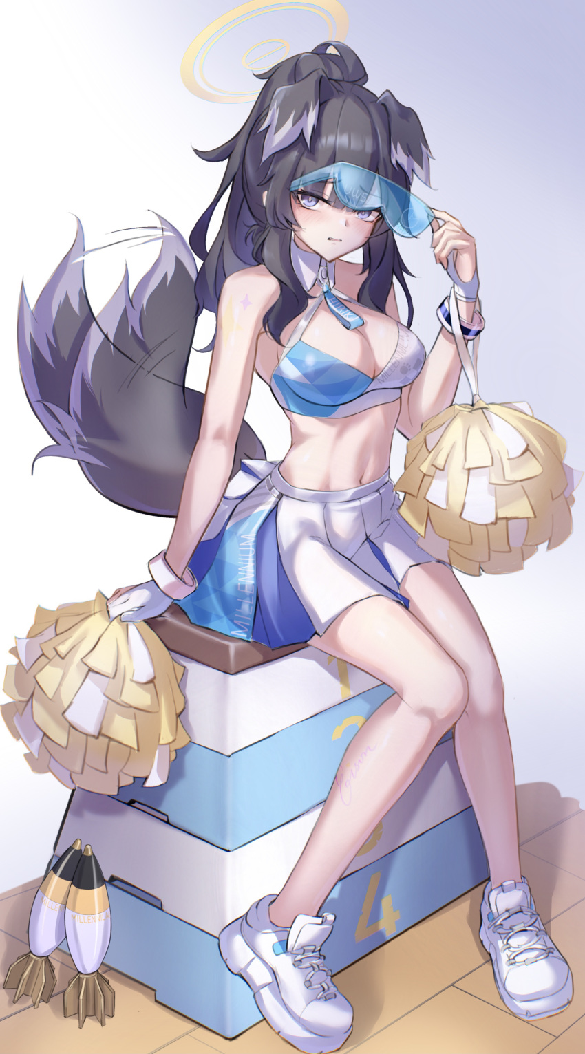 1girl absurdres adjusting_eyewear ammunition animal_ears bangle bare_legs bare_shoulders black_hair blue_archive blush bracelet breasts cheerleader crop_top dog_ears dog_girl dog_tail eyewear_on_head goggles goggles_on_head halo hand_on_eyewear hibiki_(blue_archive) hibiki_(cheer_squad)_(blue_archive) highres holding holding_pom_poms jewelry long_hair looking_at_viewer millennium_cheerleader_outfit_(blue_archive) mortar_shell navel official_alternate_costume pom_pom_(cheerleading) shoes skirt sneakers solo star_sticker sticker_on_arm tail tail_wagging text_print vaulting_horse white_skirt yellow_halo yyfuu