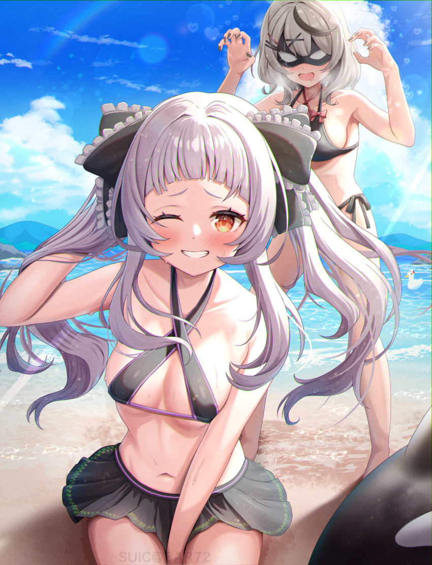 2girls animal beach bikini bikini_skirt bird black_bikini black_ribbon black_skirt blue_sky blush breasts claw_pose cleavage cloud criss-cross_halter double_bikini duck grey_hair hair_ornament hair_ribbon hairpin halterneck highres hololive large_breasts long_hair looking_at_viewer mask medium_breasts medium_hair midriff multiple_girls murasaki_shion murasaki_shion_(3rd_costume) navel one_eye_closed red_bikini ribbon sakamata_chloe sand side-tie_bikini_bottom skirt sky smile subaru_duck suicabar72 swimsuit twintails virtual_youtuber water x_hair_ornament yellow_eyes