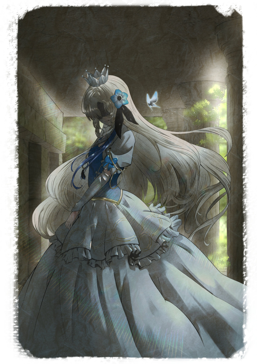 1000-nen_ikiteru_(vocaloid) 1girl absurdres blue_dress blue_flower blue_hair bug butterfly crown dress flower frilled_dress frills grey_hair hair_flower hair_ornament highres isekai_joucho juliet_sleeves kamitsubaki_studio light_particles long_hair long_sleeves multicolored_hair pillar princess puffy_sleeves riorio_ekk shaded_face solo sunlight two-tone_dress two-tone_hair very_long_hair virtual_youtuber white_dress