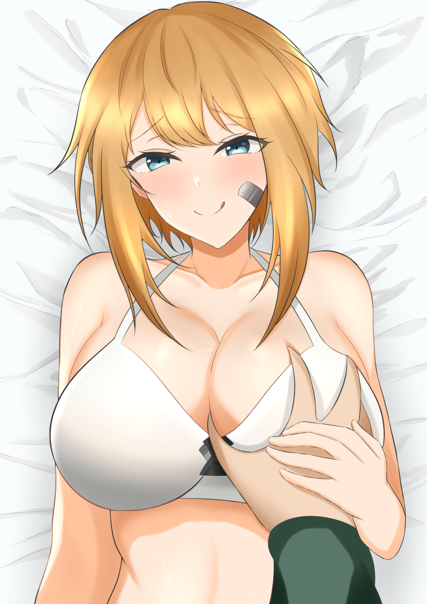1girl :q arn7 assertive_female bandaid bandaid_on_cheek bandaid_on_face bare_shoulders bed_sheet blonde_hair blue_eyes blush breasts cleavage collarbone commander_(nikke) commentary_request deep_skin goddess_of_victory:_nikke grabbing grabbing_another's_breast green_jacket groping guided_breast_grab guiding_hand hetero highres jacket large_breasts long_sleeves looking_at_viewer lying maxwell_(nikke) on_back partial_commentary pov pov_hands short_hair sidelocks smile solo_focus sports_bra tongue tongue_out upper_body white_sports_bra