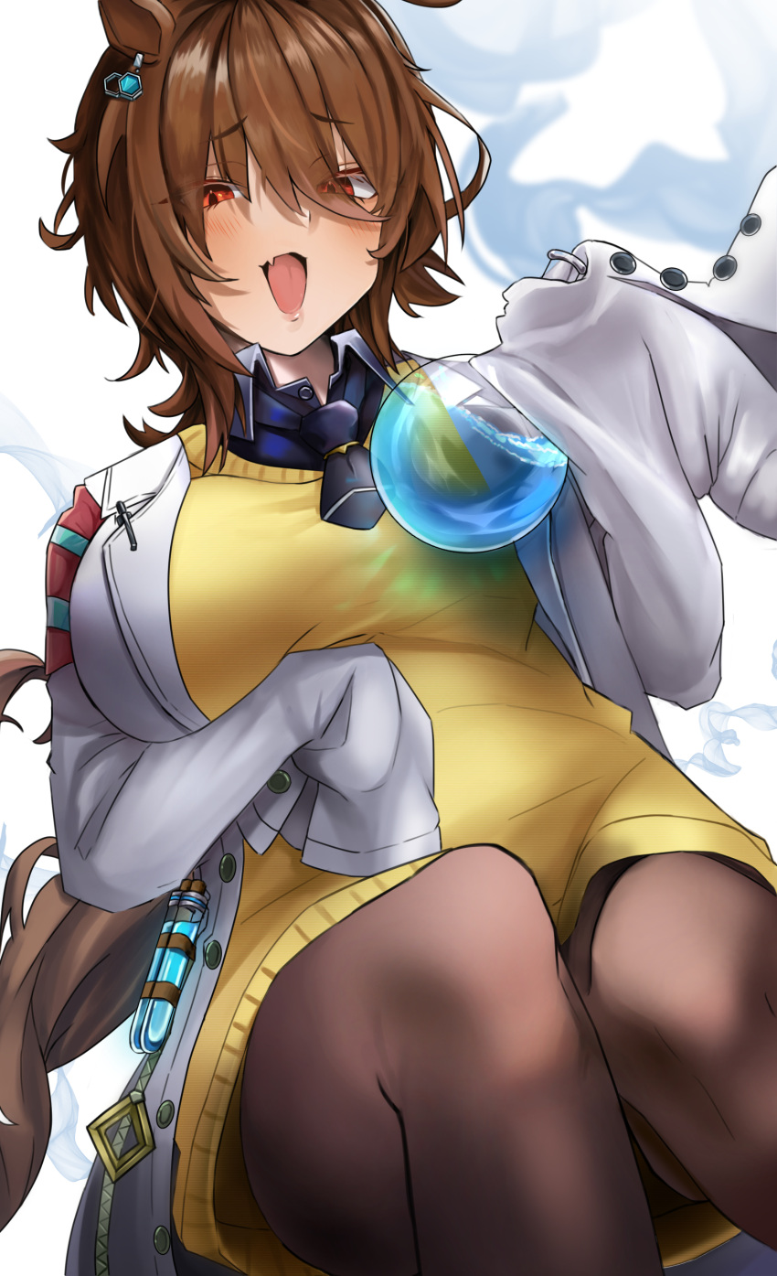 1girl absurdres agnes_tachyon_(umamusume) ahoge animal_ears bandolier black_necktie black_pantyhose blush breasts brown_hair chemical_structure chemicals coat collared_shirt commentary_request cork earrings fang flask fume highres holding holding_flask horse_ears horse_girl horse_tail jewelry lab_coat liquid looking_at_viewer medium_breasts necktie open_mouth pantyhose partial_commentary pen po_musubi red_eyes round-bottom_flask shirt short_hair simple_background single_earring skin_fang sleeves_past_wrists smoke solo sweater_vest tail test_tube umamusume white_background white_coat yellow_sweater_vest