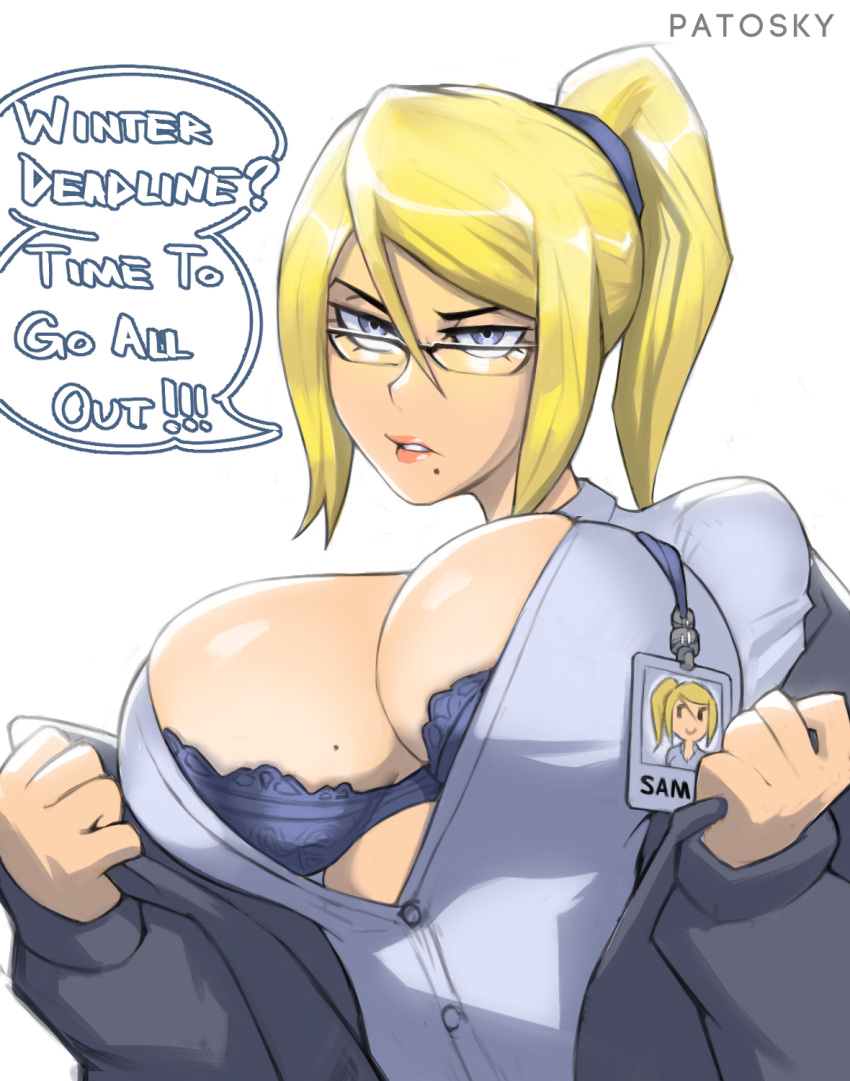 1girl bespectacled black-framed_eyewear black_cardigan blonde_hair blue_bra blue_eyes bra breasts bursting_breasts cardigan cleavage commentary english_commentary english_text glasses grey_shirt hair_between_eyes highres id_card lace-trimmed_bra lace_trim lanyard large_breasts lips long_hair looking_at_viewer metroid mole mole_on_breast mole_under_mouth multiple_moles office_lady patosky ponytail samus_aran shirt solo speech_bubble underwear undressing white_background