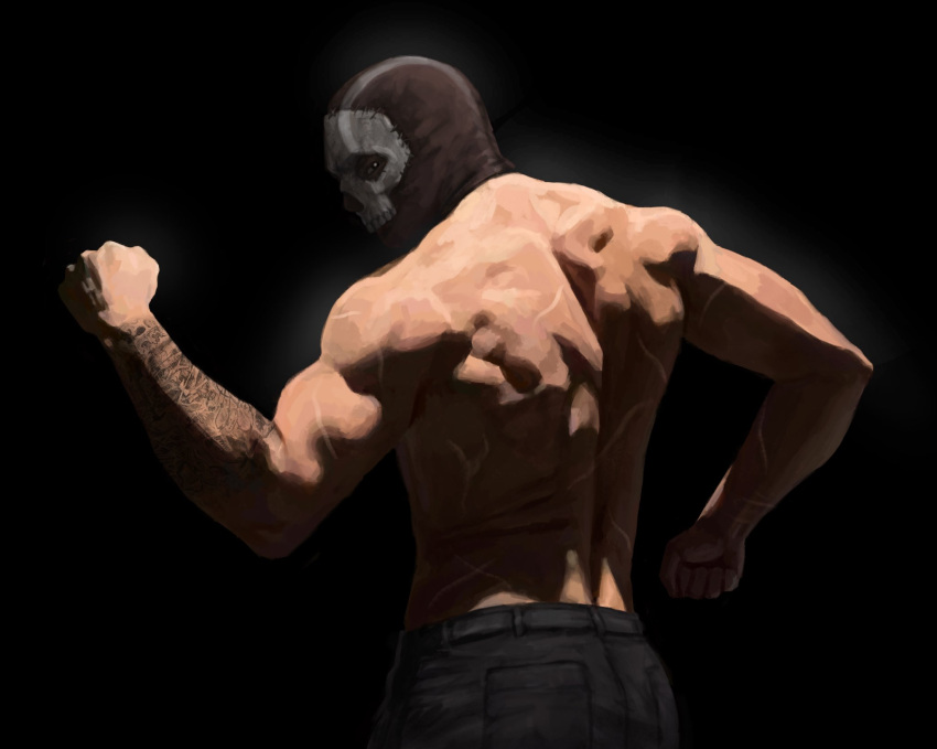 1boy aidenlydia arm_tattoo back black_background black_pants call_of_duty call_of_duty:_modern_warfare_2 clenched_hands flexing ghost_(modern_warfare_2) highres male_focus mask muscular muscular_male pants scar simple_background skull_mask solo tattoo too_many_scars topless_male