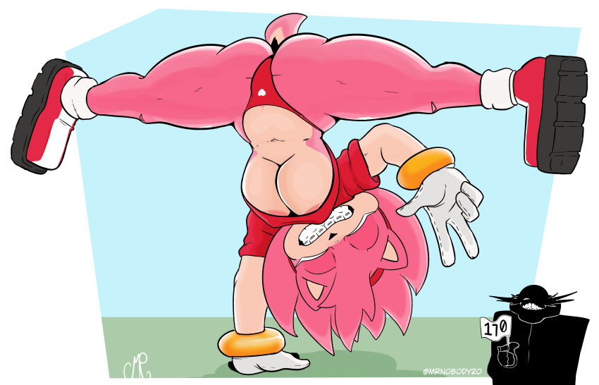 absurd_res amy_rose anthro areola areola_slip big_breasts bracelet braces breasts clothing dr._eggman eulipotyphlan eyes_closed female flexible footwear fur gesture gloves hair handstand handwear hanging_breasts hedgehog hi_res human jewelry mammal n0b0dy pink_body pink_fur pink_hair sega shirt shoes short_tail smile solo sonic_the_hedgehog_(series) splits spread_legs spreading t-shirt tail thong topwear underwear upside_down v_sign