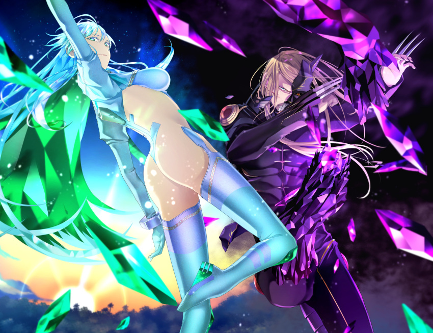 1boy 1girl absurdres armor ass aztec blonde_hair blue_eyes blue_hair breasts claw_(weapon) colored_inner_hair cropped_jacket crystal_hair fate/grand_order fate_(series) green_eyes green_hair highres jacket juliet_sleeves kukulkan_(second_ascension)_(fate) large_breasts leotard light_blue_hair long_hair long_sleeves looking_at_viewer missing_limb morita_yuu multicolored_hair puffy_sleeves shrug_(clothing) sideless_outfit smile tezcatlipoca_(fate) tezcatlipoca_(second_ascension)_(fate) thighs weapon white_jacket white_leotard