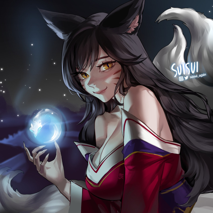 1girl ahri_(league_of_legends) animal_ears artist_name ball bare_shoulders black_hair breasts brown_eyes cleavage closed_mouth facial_mark fingernails fox_ears fox_girl fox_tail from_side hand_up highres instagram_logo kumiho large_breasts league_of_legends long_hair magic night outdoors sharp_fingernails slit_pupils smile suisui_again tail twitter_logo whisker_markings