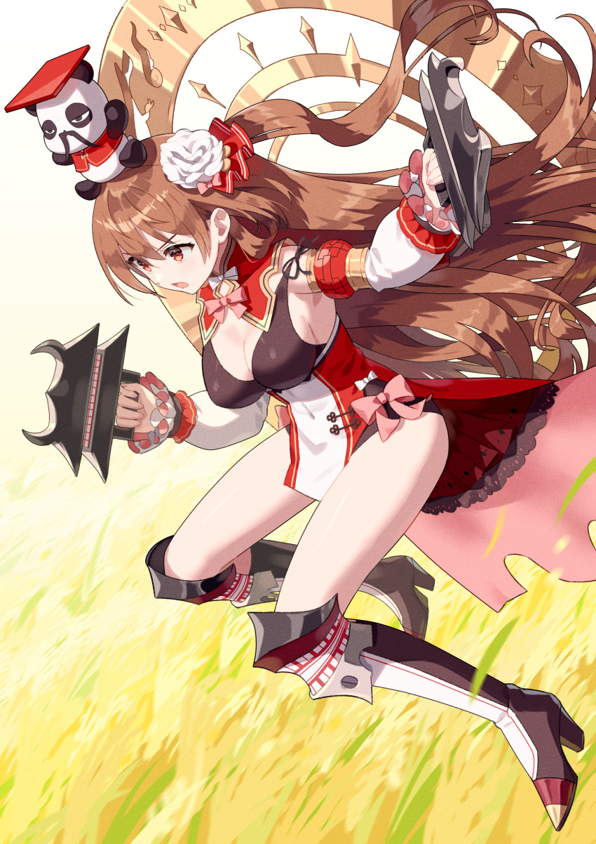 1girl absurdres animal_on_head bow bowtie breasts brown_hair chengdu_(oshiro_project) chinese_clothes cleavage commission detached_sleeves fighting_stance flower full_body hair_flower hair_ornament highres holding holding_weapon long_hair on_head oshiro_project oshiro_project_re panda pink_bow pink_bowtie pixiv_commission puffy_sleeves red_eyes solo thighs weapon yagi2013