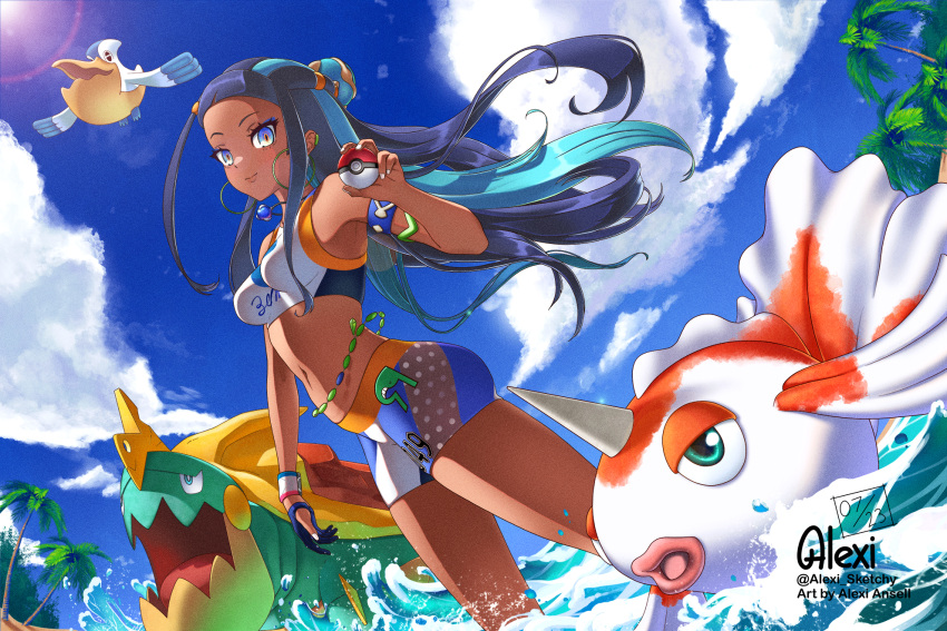 1girl alexi_ansell armlet belly_chain bike_shorts black_hair blue_eyes blue_eyeshadow breasts closed_mouth cloud commentary_request dark-skinned_female dark_skin dated day drednaw dynamax_band english_commentary eyelashes eyeshadow fish floating_hair gloves goldeen highres holding holding_poke_ball jewelry long_hair makeup mixed-language_commentary nessa_(pokemon) outdoors partially_fingerless_gloves pelipper poke_ball poke_ball_(basic) pokemon pokemon_(creature) pokemon_(game) pokemon_swsh signature single_glove sky smile sports_bra standing water