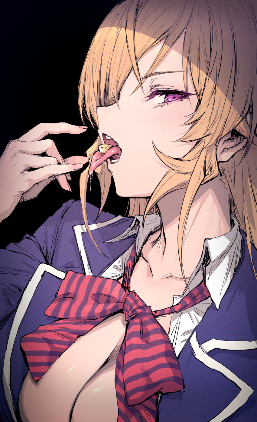 1girl black_background blazer blonde_hair blue_jacket bow bowtie breasts cheese cleavage collarbone collared_shirt food food_in_mouth haoni highres jacket large_breasts long_hair looking_at_viewer looking_to_the_side loose_bowtie nakiri_erina open_clothes open_mouth open_shirt partially_unbuttoned purple_eyes saliva sexually_suggestive shirt shokugeki_no_souma simple_background solo striped striped_bow striped_bowtie teeth tongue tongue_out tootsuki_saryou_ryouri_gakuen_uniform upper_body v-shaped_eyebrows white_shirt