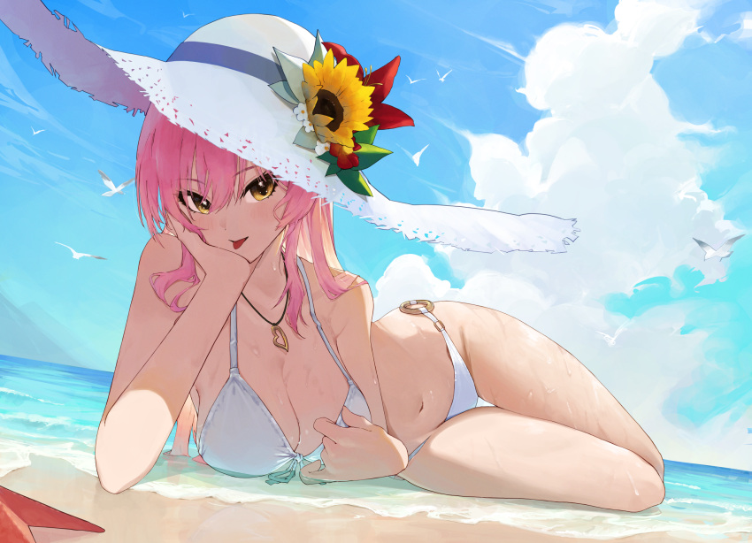 1girl alternate_costume beach bikini bird blue_sky blush breasts cleavage cloud flower front-tie_bikini_top front-tie_top hand_on_own_cheek hand_on_own_face hat hat_flower head_rest heart heart_necklace highres idolmaster idolmaster_cinderella_girls jewelry jougasaki_mika looking_at_viewer lying medium_breasts navel necklace ningen_gokko o-ring o-ring_bikini on_stomach outdoors pink_hair seagull simple_bird sky smile solo starfish straw_hat string_bikini swimsuit thigh_gap tongue tongue_out white_bikini white_headwear yellow_eyes