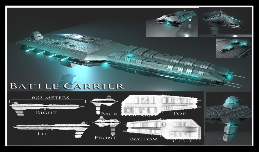 3d battlecruiser_(eve_online) caldari_state_(eve_online) cannon carrier commentary concept_art davis--237834 eve_online glowing grey_background highres military_vehicle multiple_views no_humans original reference_sheet science_fiction spacecraft turret vehicle_focus