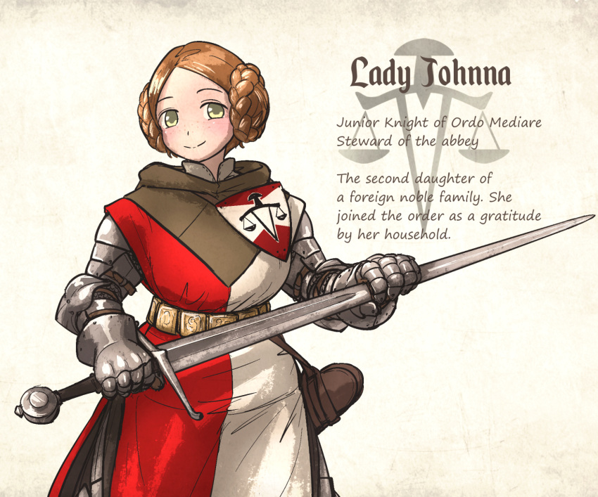 1girl armor balance_scale_print belt blonde_hair braid english_text gambeson gauntlets half-swording highres holding ironlily lady_johnna_(ironlily) looking_at_viewer medieval ordo_mediare_sisters_(ironlily) scabbard sheath sword weapon yellow_eyes