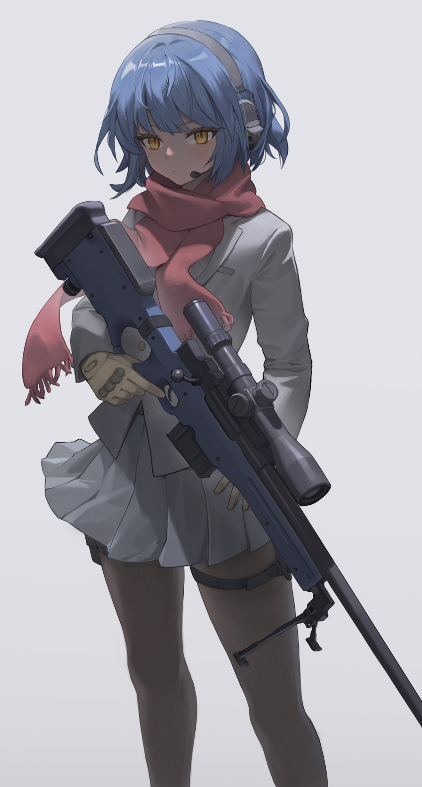 1girl absurdres ai_arctic_warfare bipod black_pantyhose blue_hair bolt_action brown_gloves expressionless gloves grey_background grey_jacket grey_skirt gun highres jacket looking_at_viewer orange_eyes original pantyhose red_scarf rifle scarf scope sixthpaledot skirt sniper_rifle solo weapon