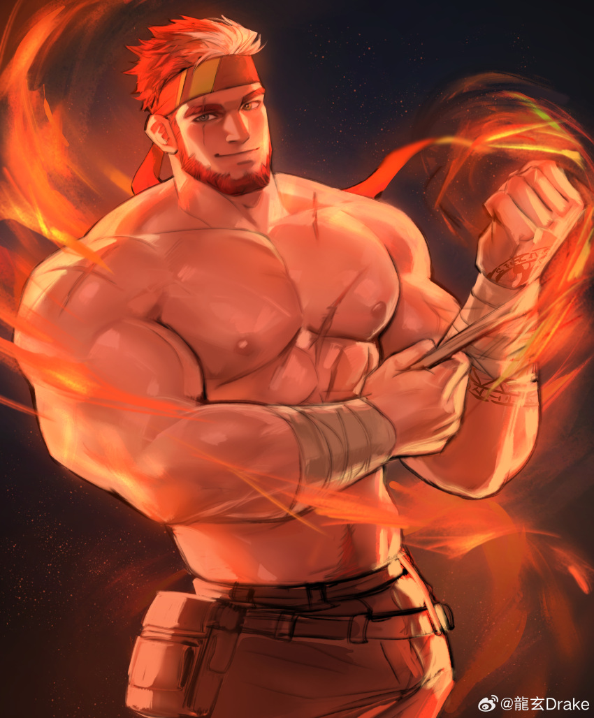 1boy absurdres applying_bandages bandaged_arm bandages bara beard closed_mouth collarbone cowboy_shot dopey_(dopq) facial_hair headband highres indie_virtual_youtuber light_smile looking_at_viewer male_focus multicolored_hair muscular muscular_male navel navel_hair nipples pectorals red_hair ryuugen_drake scar scar_across_eye scar_on_chest second-party_source solo streaked_hair topless_male virtual_youtuber