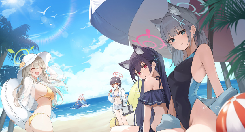 5girls ahoge animal_ears ayane_(blue_archive) ayane_(swimsuit)_(blue_archive) bare_shoulders bikini black_bikini black_hair blue_archive blue_eyes breasts cleavage collarbone commentary extra_ears foreclosure_task_force_(blue_archive) glasses green_eyes gya_(144) hair_between_eyes hair_ornament hair_ribbon halo hat heterochromia highres hoshino_(blue_archive) hoshino_(swimsuit)_(blue_archive) large_breasts light_brown_hair long_hair looking_at_viewer multiple_girls navel nonomi_(blue_archive) nonomi_(swimsuit)_(blue_archive) official_alternate_costume open_mouth outdoors pink_hair pointy_ears red_eyes ribbon serika_(blue_archive) serika_(swimsuit)_(blue_archive) shiroko_(blue_archive) shiroko_(swimsuit)_(blue_archive) short_hair side-tie_bikini_bottom sideboob sun_hat swimsuit symbol-only_commentary twintails white_headwear wolf_ears yellow_bikini