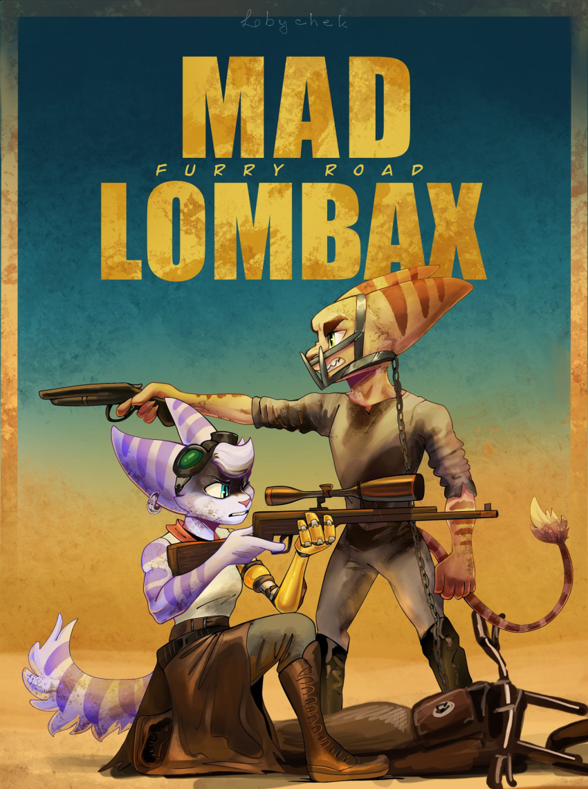 angry anthro boots chain clothed clothing cover duo ear_piercing english_text eyewear eyewear_on_head female footwear goggles goggles_on_head gun hi_res holding_object holding_weapon kneeling lobychek lombax mad_max_fury_road male mammal on_one_knee parody piercing ranged_weapon ratchet ratchet_and_clank rifle rivet_(ratchet_and_clank) scarf shotgun sniper_rifle sony_corporation sony_interactive_entertainment standing text weapon