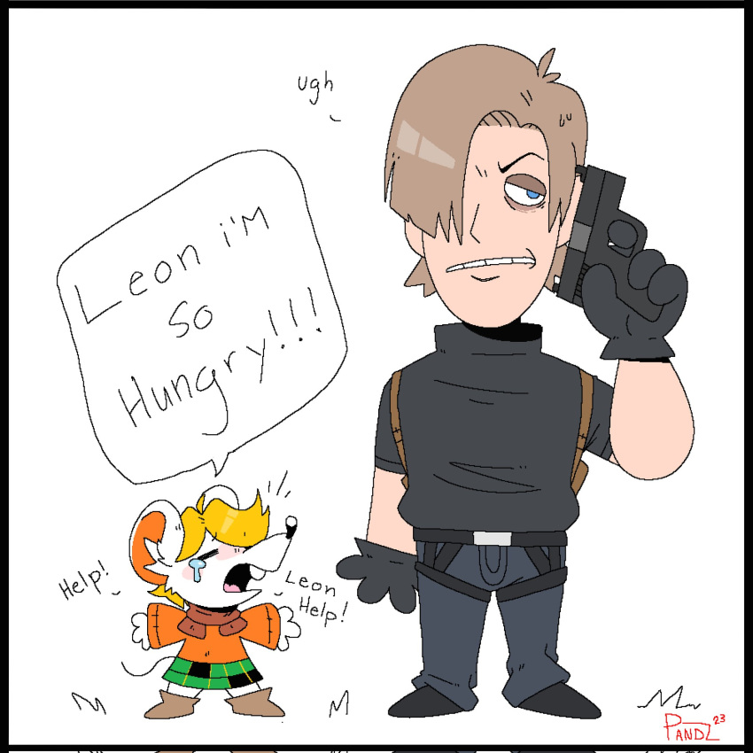 2023 anthro ashley_graham_(resident_evil) barrypark11 blonde_hair bodily_fluids capcom clothed clothing dialogue duo english_text female gun hair handgun hi_res holding_gun holding_handgun holding_object holding_pistol holding_weapon human humor leon_kennedy_(resident_evil) male mammal meme mouse moushley murid murine pandzart pistol ranged_weapon resident_evil rodent signature simple_background speech_bubble tears text weapon white_background