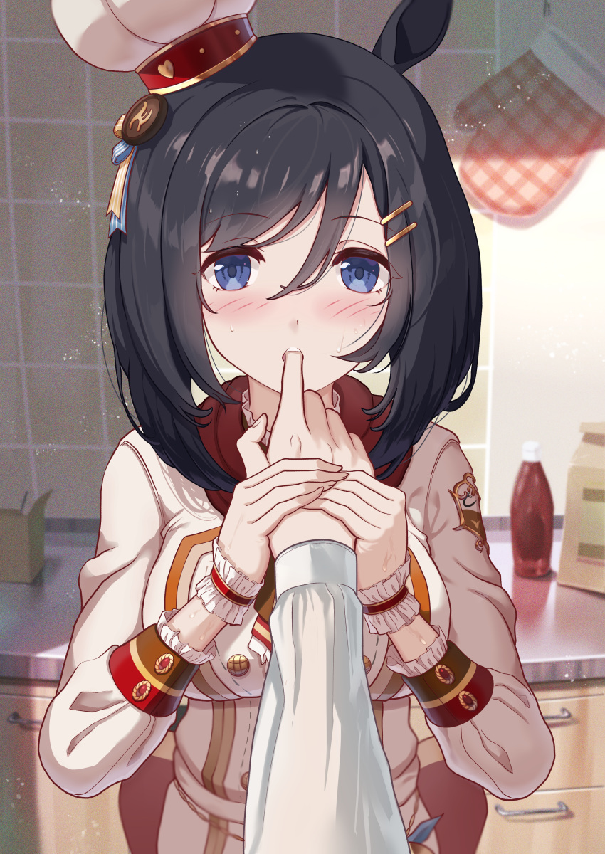 1girl 1other absurdres alternate_costume animal_ears black_hair blue_eyes blurry blurry_background blush commentary_request eishin_flash_(collect_chocolatier)_(umamusume) eishin_flash_(umamusume) finger_to_another's_mouth hair_between_eyes hair_ornament hairclip hat highres holding_hands horse_ears horse_girl kitchen looking_at_viewer mittens pov pov_hands solo_focus sweat taki_rentaro umamusume