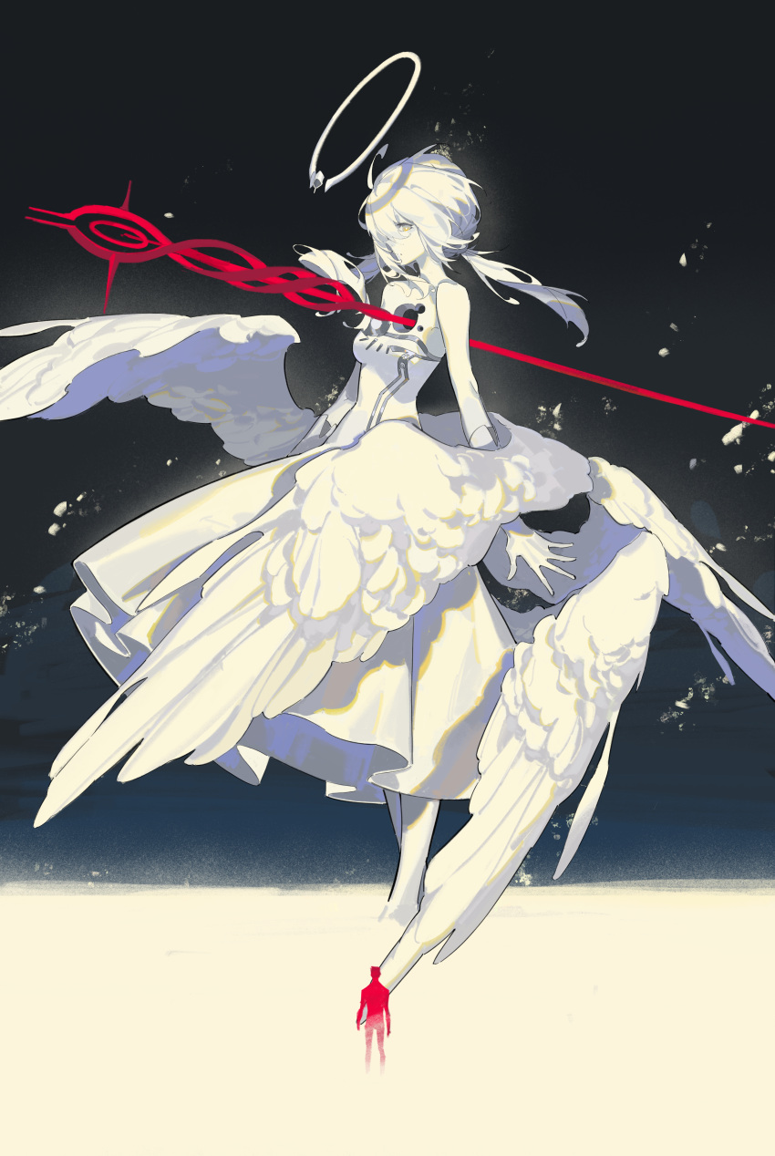 1girl 1other absurdres ahoge alternate_form angel_wings dress giant giantess hair_between_eyes halo highres hollow_body lance_of_longinus_(evangelion) liv:_empyrea_(punishing:_gray_raven) liv_(punishing:_gray_raven) long_dress long_hair looking_down low_wings mechanical_halo neon_genesis_evangelion parody polearm profile punishing:_gray_raven size_difference spear standing surreal twintails weapon white_dress white_hair wings xe367 yellow_eyes