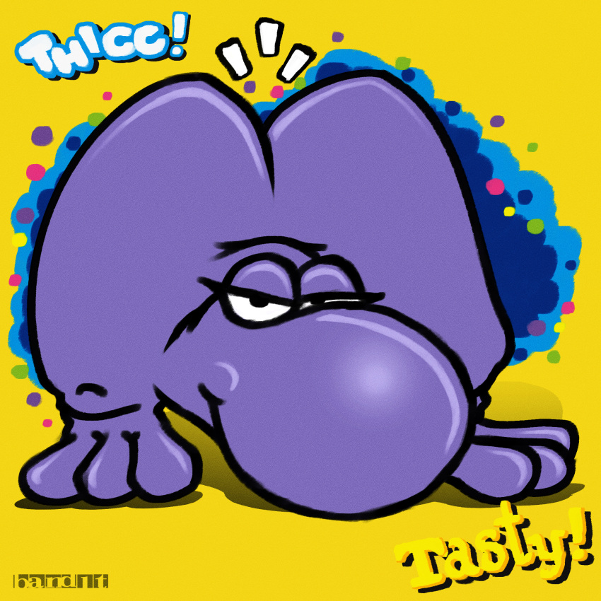animate_inanimate anthro armless band1tnsfw bedroom_eyes big_butt big_nose butt candy dessert digital_drawing_(artwork) digital_media_(artwork) english_text female food food_creature hi_res living_candy looking_at_viewer narrowed_eyes nerds nude portrait purple_body seductive simple_background smile solo sound_effects spots text thick_thighs