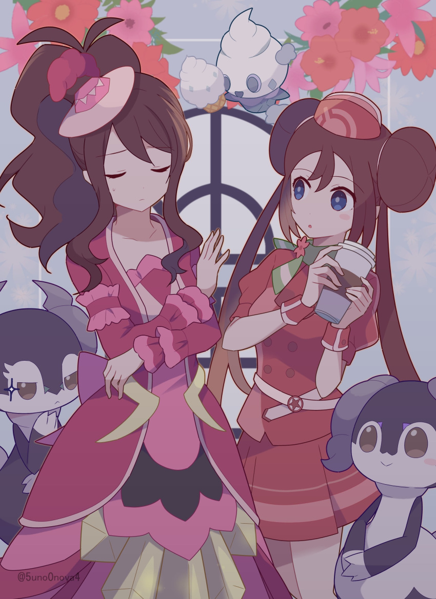2girls 343rone absurdres antenna_hair blue_eyes blush blush_stickers brown_hair buttons closed_eyes closed_mouth coffee_cup collarbone commentary_request cup disposable_cup dress flower green_scarf hands_up hat high_ponytail highres hilda_(pokemon) hilda_(special_costume)_(pokemon) holding holding_cup indeedee indeedee_(female) indeedee_(male) jacket long_hair long_sleeves looking_at_another multiple_girls official_alternate_costume pleated_skirt pokemon pokemon_(creature) pokemon_(game) pokemon_masters_ex red_flower red_headwear red_jacket red_skirt rosa_(pokemon) rosa_(special_costume)_(pokemon) scarf sidelocks skirt twintails vanillite wrist_cuffs