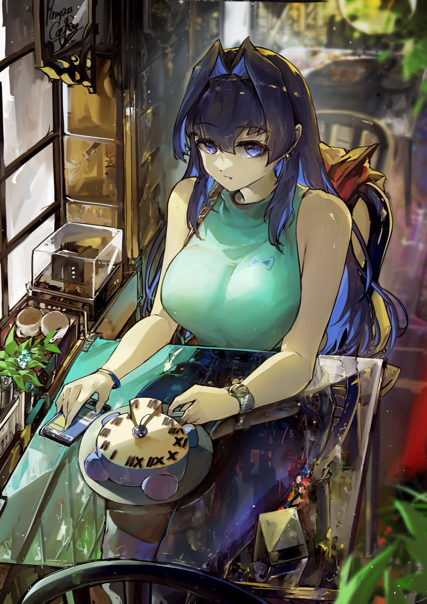 1girl absurdres bag blue_eyes blue_hair cake casual cellphone clock colored_inner_hair contemporary display_case earrings food hair_intakes highres hololive hololive_english jewelry kronie_(ouro_kronii) long_hair looking_at_viewer multicolored_hair ouro_kronii pants phone sitting sleeveless smartphone solo transparent virtual_youtuber vyragami watch wristwatch