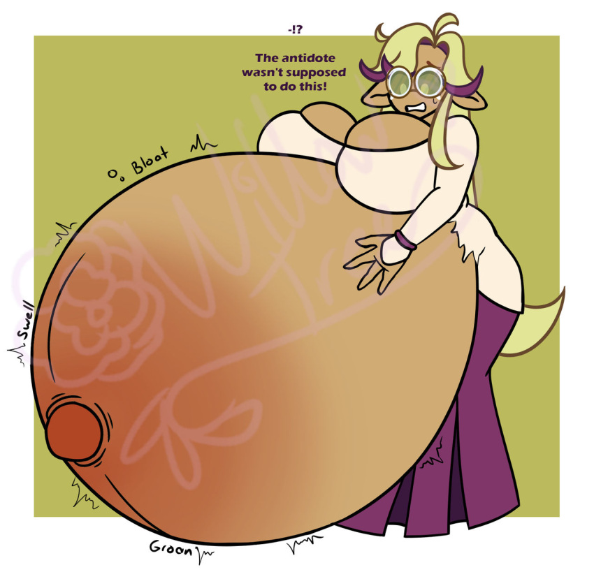 anthro bellflower_cookie belly big_belly bodily_fluids bundle-of-kinks clothing cookie_(cookie_run) cookie_run drooped_ears female food food_creature food_humanoid hi_res holding_belly humanoid humanoid_pointy_ears hyper hyper_belly inflation rumbling_stomach solo sweat sweatdrop torn_clothing worried_look