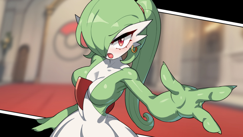 2023 3_fingers breasts drunk_oak female fingers gardevoir generation_3_pokemon green_arms green_fingers green_hair green_hands hair hair_over_eye hi_res humanoid looking_at_viewer nintendo one_eye_obstructed pokemon pokemon_(species) solo tongue white_body white_breasts white_skin