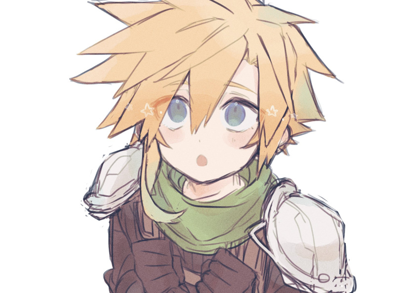 1boy :o armor black_gloves black_shirt blonde_hair blue_eyes clenched_hand clenched_hands cloud_strife crisis_core_final_fantasy_vii final_fantasy final_fantasy_vii gloves green_scarf highres looking_up male_focus military military_uniform open_mouth pauldrons same_no_nituke3 scarf shinra_infantry_uniform shirt short_hair shoulder_armor simple_background solo spiked_hair suspenders uniform white_background